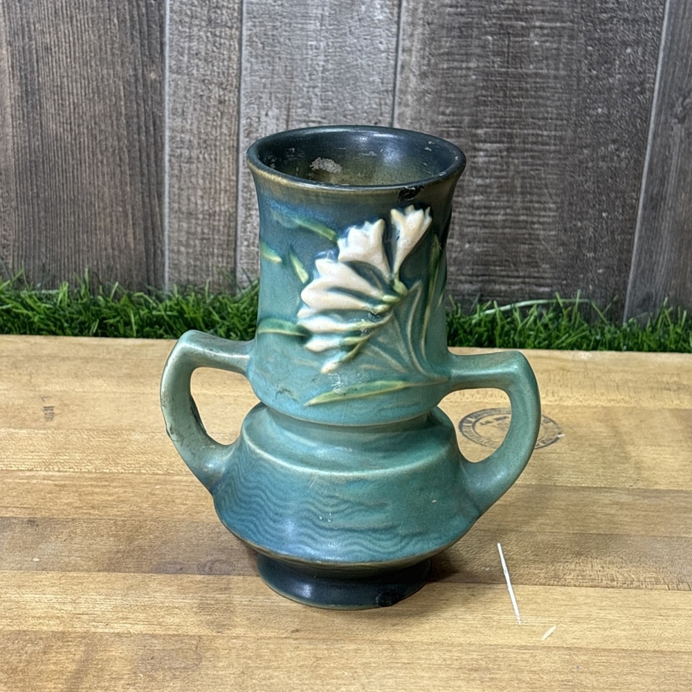 Vintage Roseville Pottery Freesia Blue Double Handle Vase Art Pottery